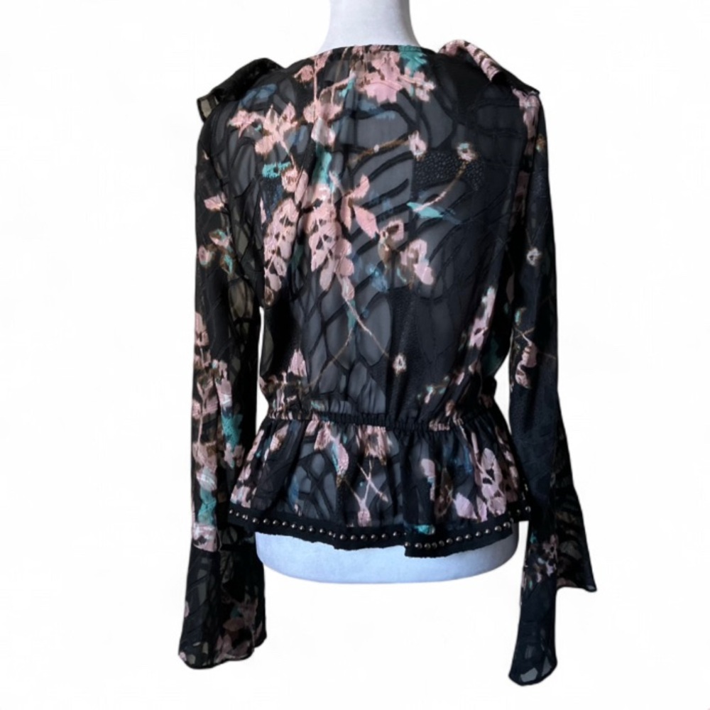 Alberto Makali Black Sheer Long Bell Sleeves Floral V Neck Blouse size Medium - Picture 3 of 10